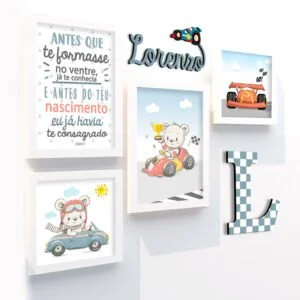 Quadro Infantil Kit Ursinho e Carrinhos