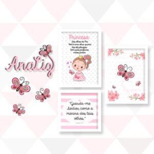 Quadro Infantil Kit Princesa e Borboletas